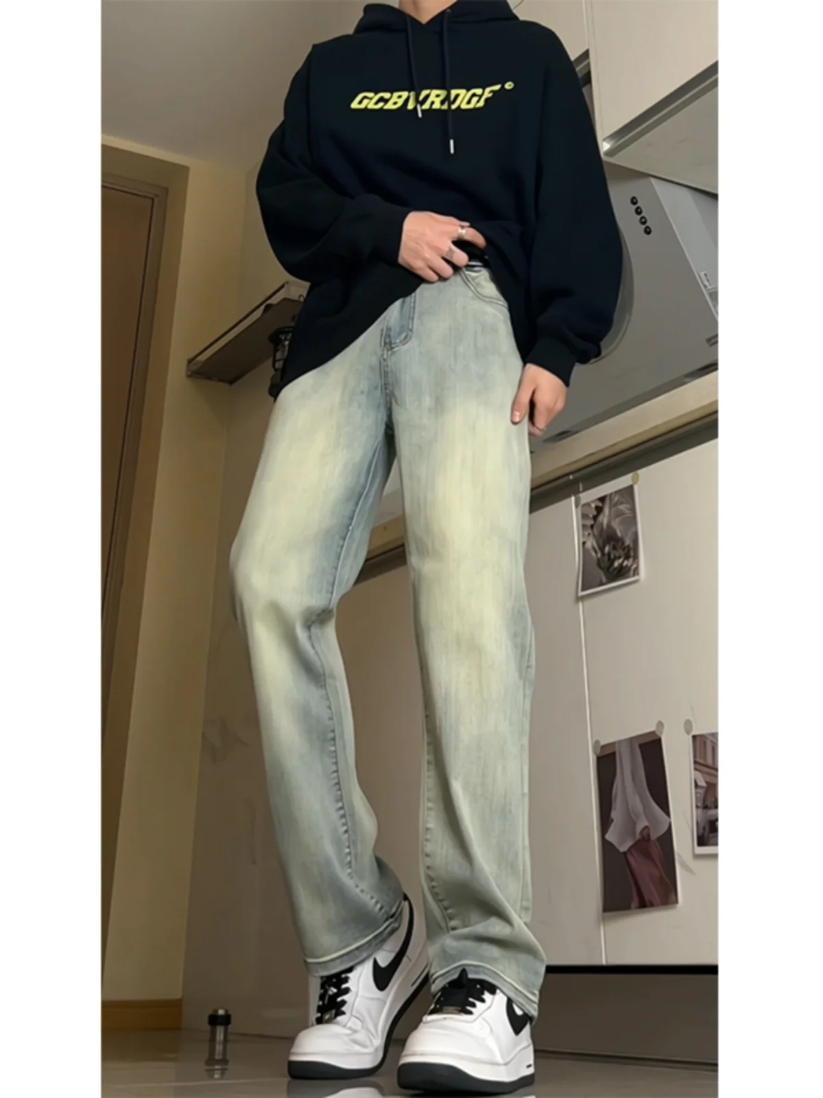 

Yellow Mud Color Elastic Men's Jeans Summer Vintage Loose Fit American Sle Not Tight Leg Micro Flared Pants Straight Tube