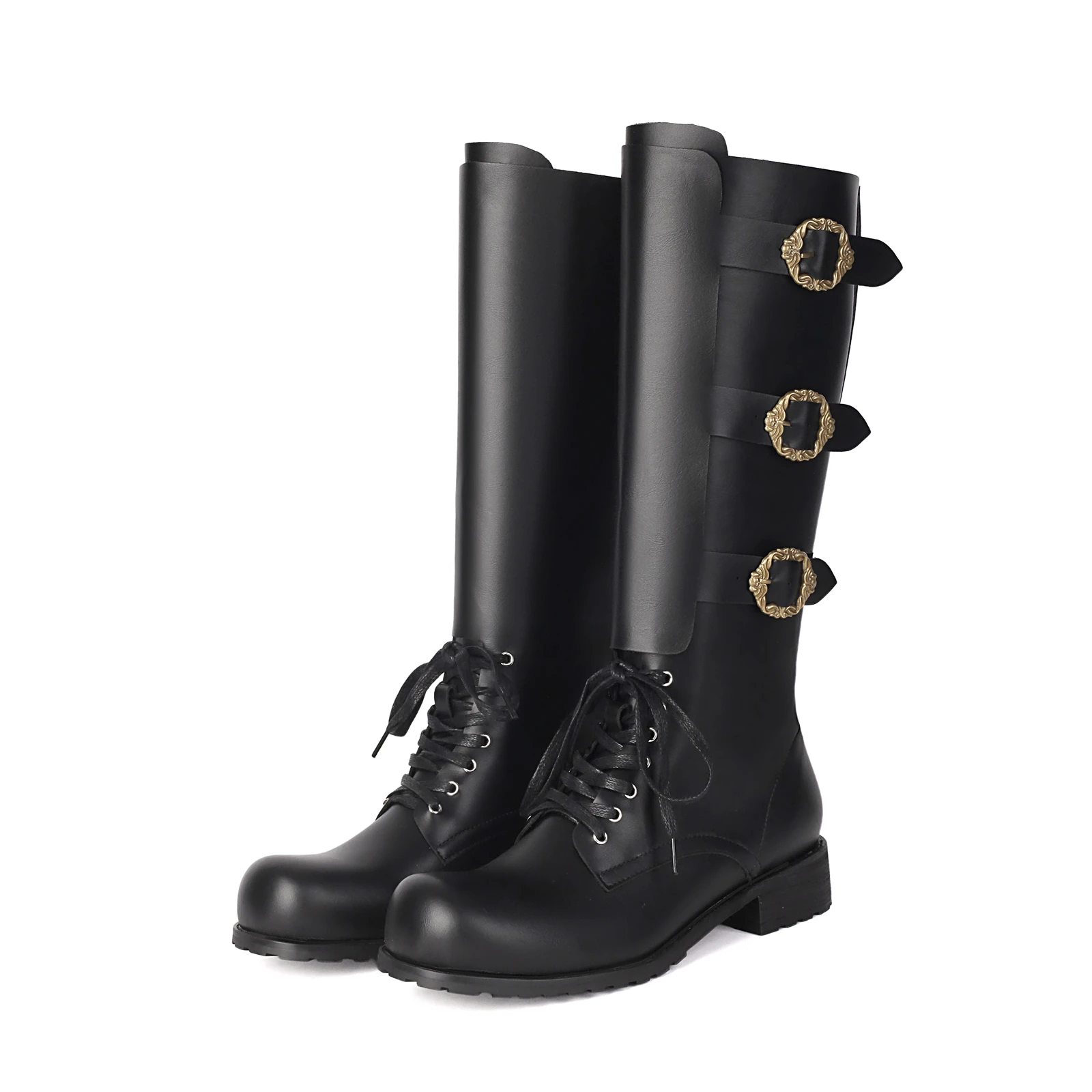 Renaissance Pirate Cosplay Tall Boots Men Lace Up Buckle Knee High Medieval Retro Motorcycle Riding Boots Black PU Leather
