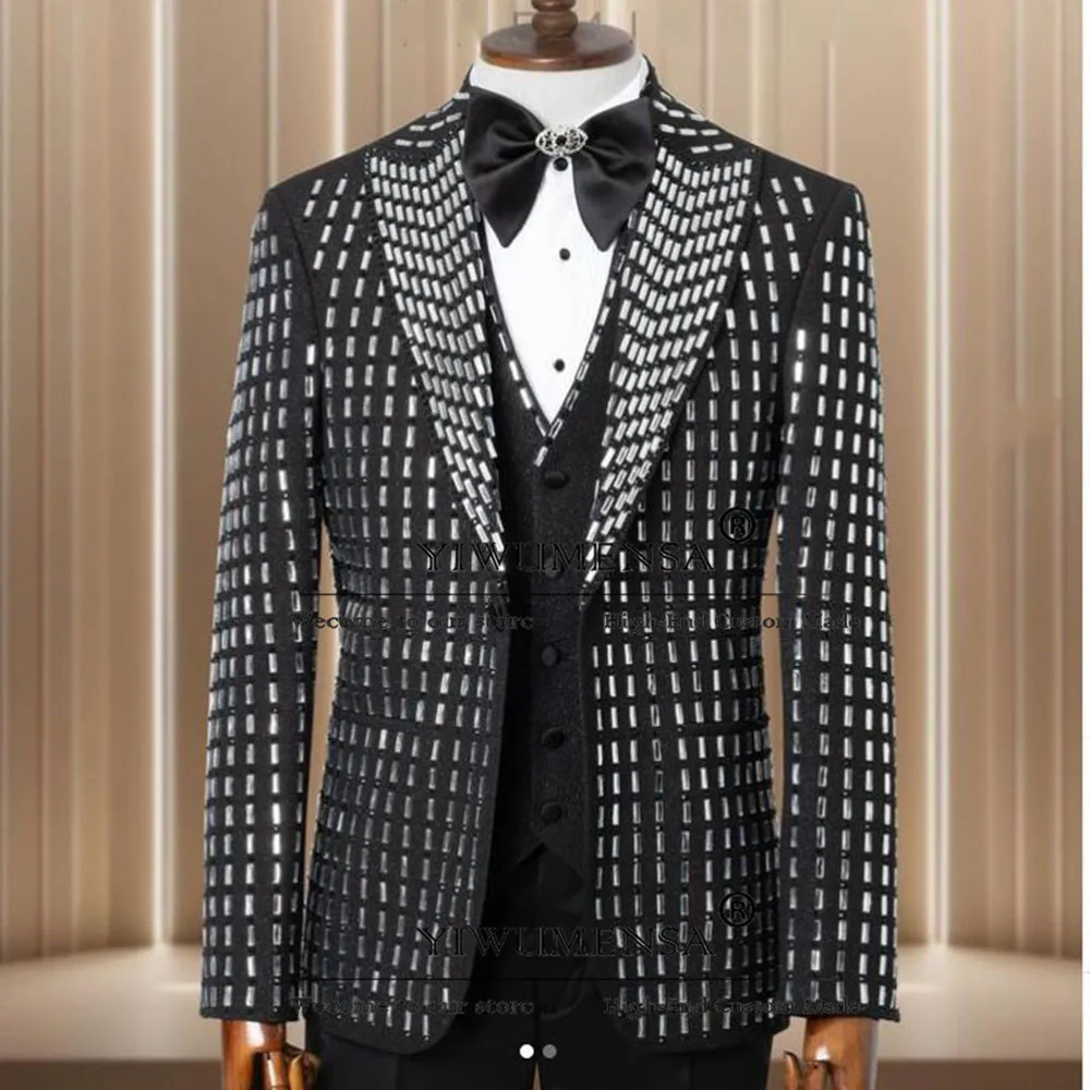 Exquisite Men's Suits Formal Party Peaked Lapel Diamond Beaded Groom Wedding Tuxedo Tailor-made Single Breasted Prom Blazers