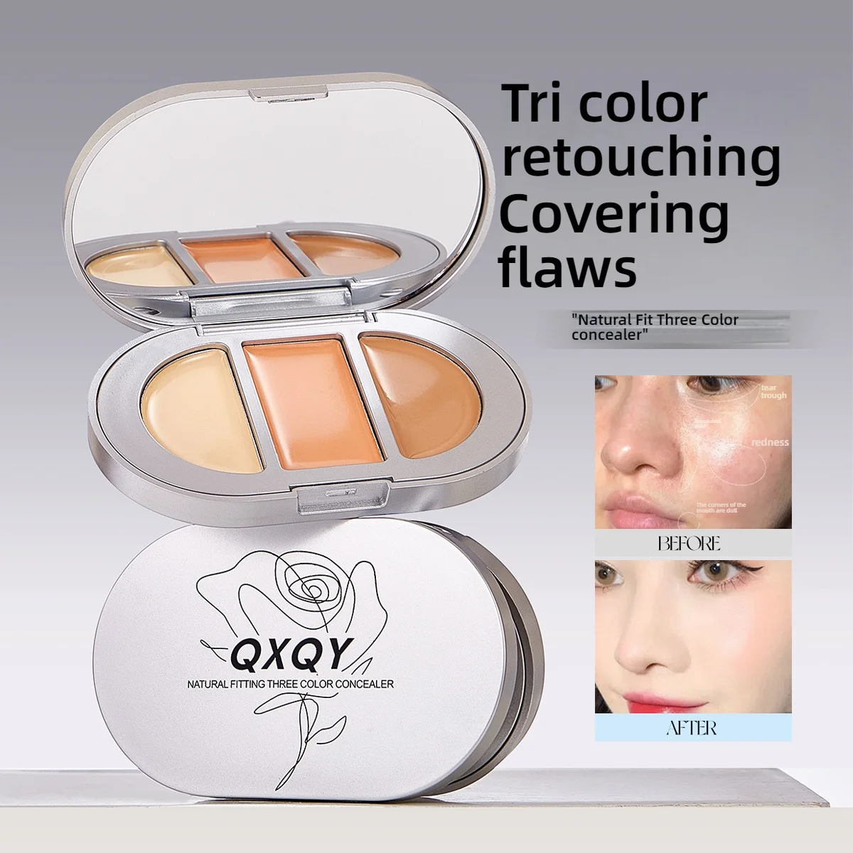 QXQY مصحح ألوان السلمون | خافي عيوب الدائرة الداكنة 3 في 1 ومنظف حوض المسيل للدموع | لوحة ثلاثية كريمي تحت العين | للياقة الجلد بدون خياطة ™