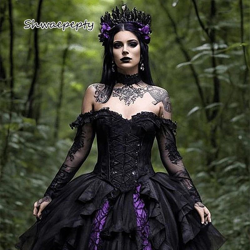 Purple And Black Gothic Wedding Dresses Vampire Steampunk Wedding Gown Off Shoulder Long Sleeves Vintage Women Dress Customized