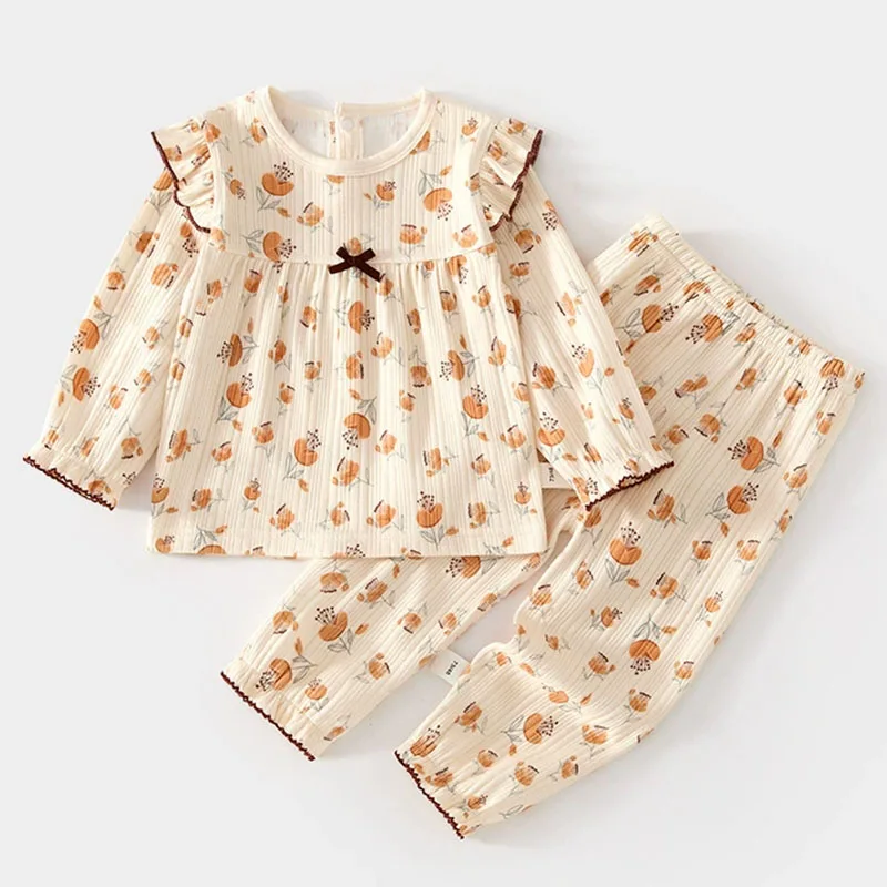 

Комплект из 2 предметов: весенне-осенняя одежда для новорожденных девочек, корейский стиль, милый дизайн с бантом и цветочным принтом, хлопковые топы с длинными рукавами + брюки, наборы детской одежды B412