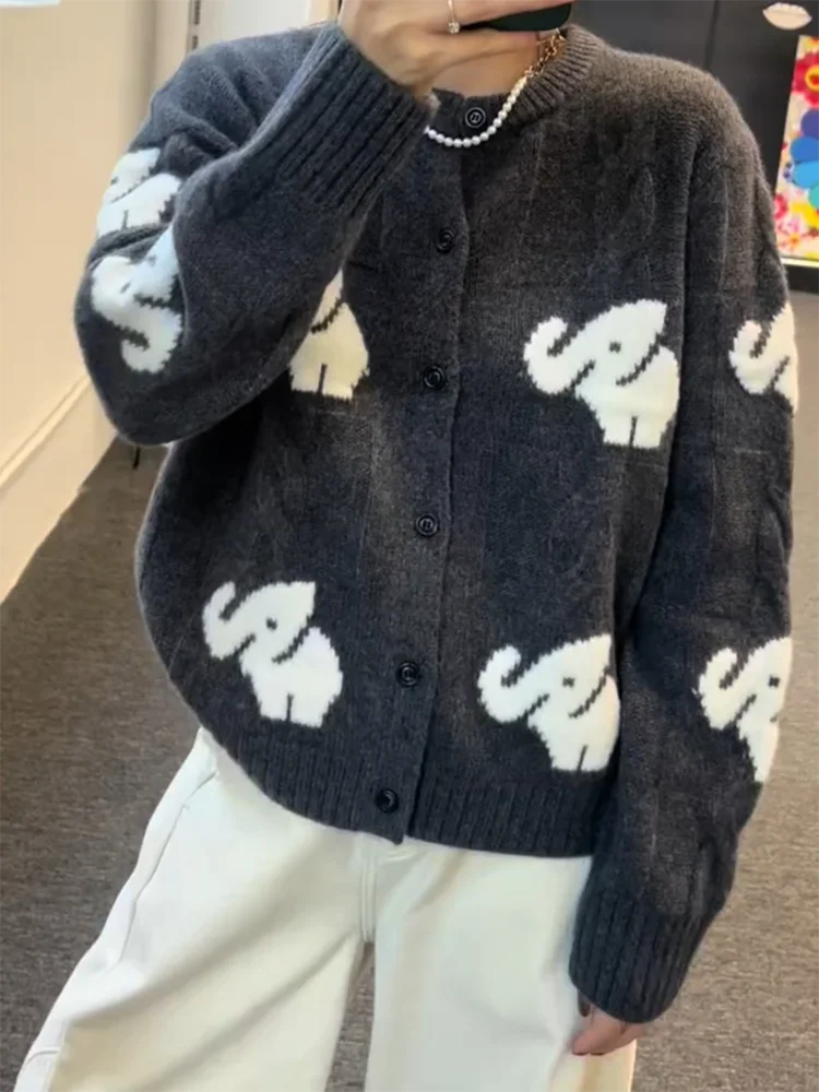 

Корейский элегантный вязаный кардиган с принтом, круглый вырез, без застежки, осенне-зимний, больших размеров, стройнящий, комфортный, в женственном стиле