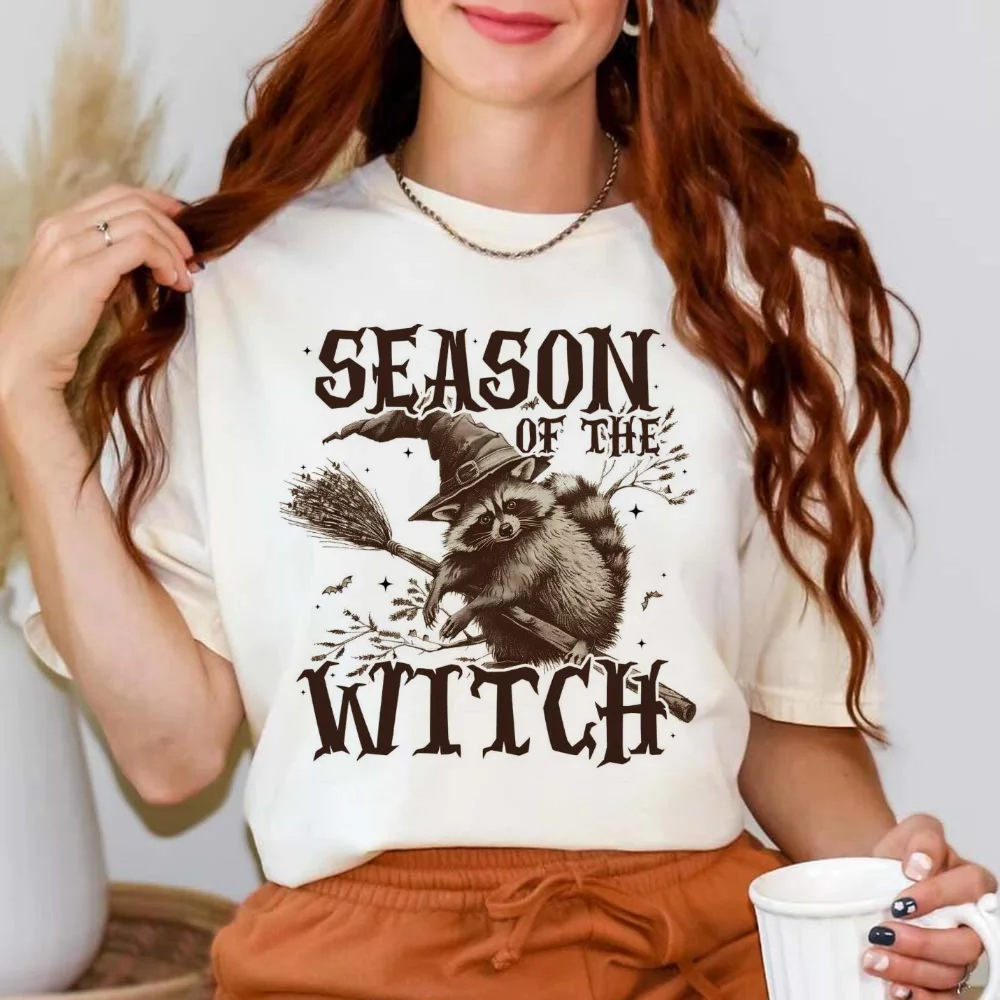 Vintage Witch Raccoon Season Of The Witch Printed Summer Dress Trendy Fashion Style Women's Top Gothic O-Neck Basic T-Shirt