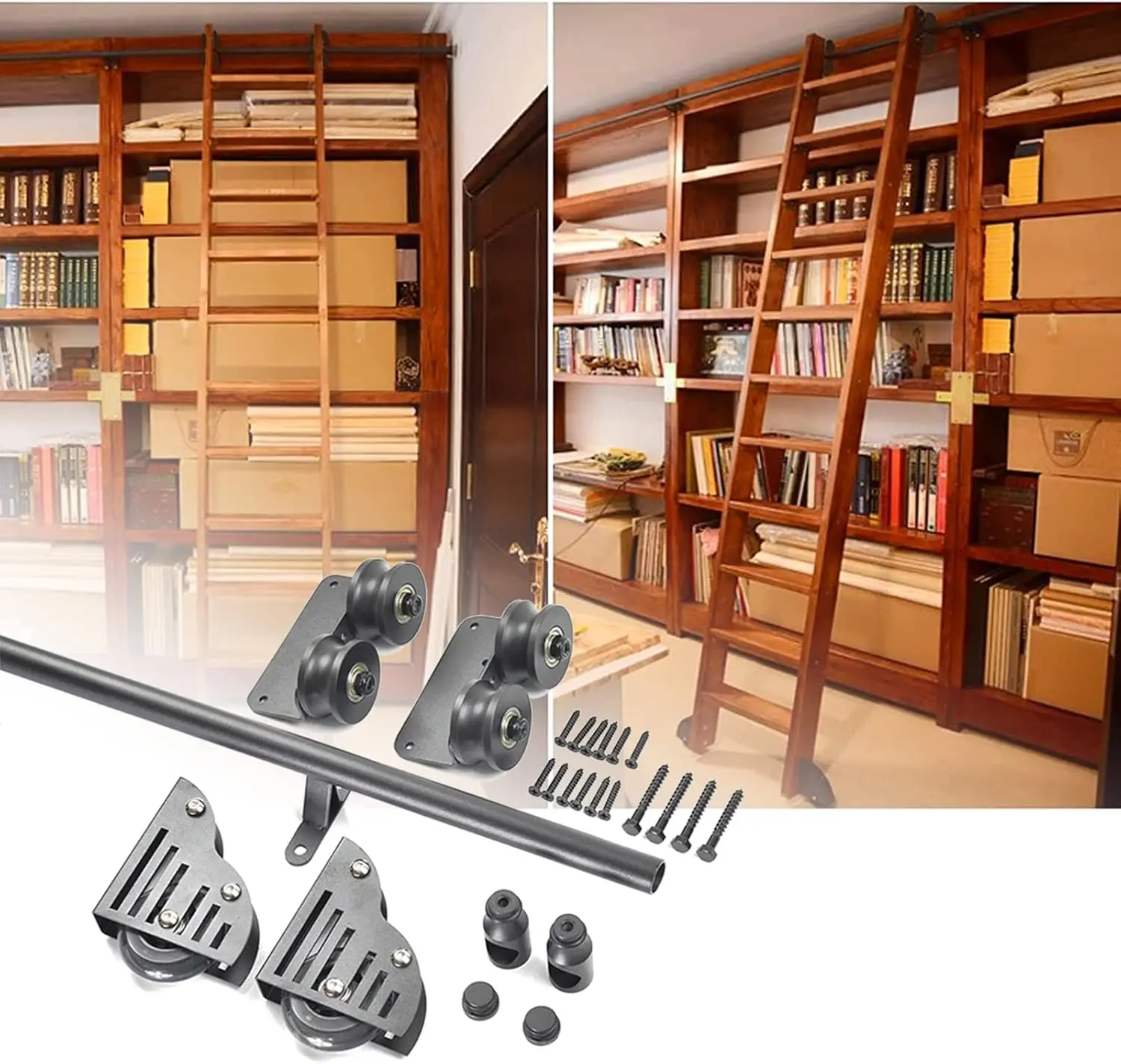 Library Sliding Roller Ladder Rail Barn Door Kit - Home Office Mobile Ladder Track With Wrought Iron Floor Roller Wheels