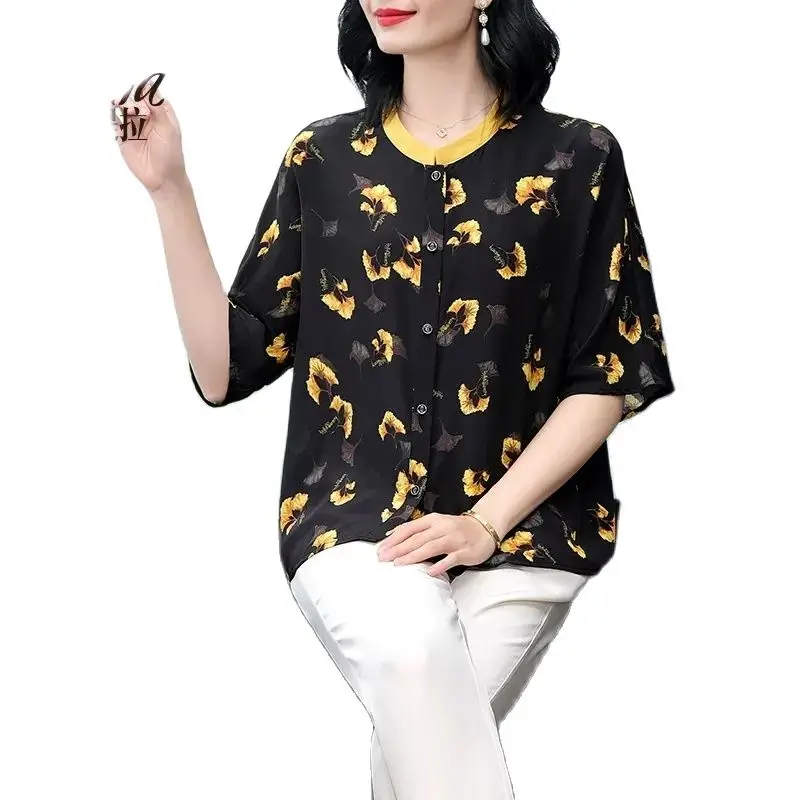 BirdTree, 100%Real Silk Elegant Shirts, Women Half Sleeve Printed, Loose Mom OL Commute Versatile Blouse, 2024 Summer T444145QC