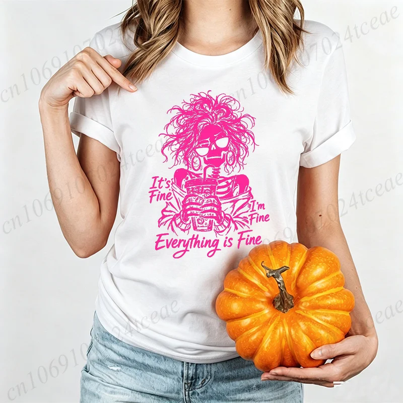 Lustiges Skelett-Kaffee-Grafik-T-Shirt für Damen „Es ist in Ordnung, mir geht es gut, alles ist in Ordnung“ Kurzarm-T-Shirt Halloween Casual Tops Geschenke – Detail 6