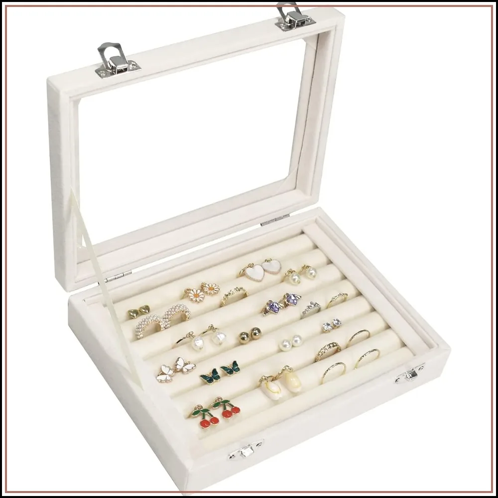 

7-Slot Velvet Ring Organizer Tray with Transparent Lid - Jewelry Storage Box for Women