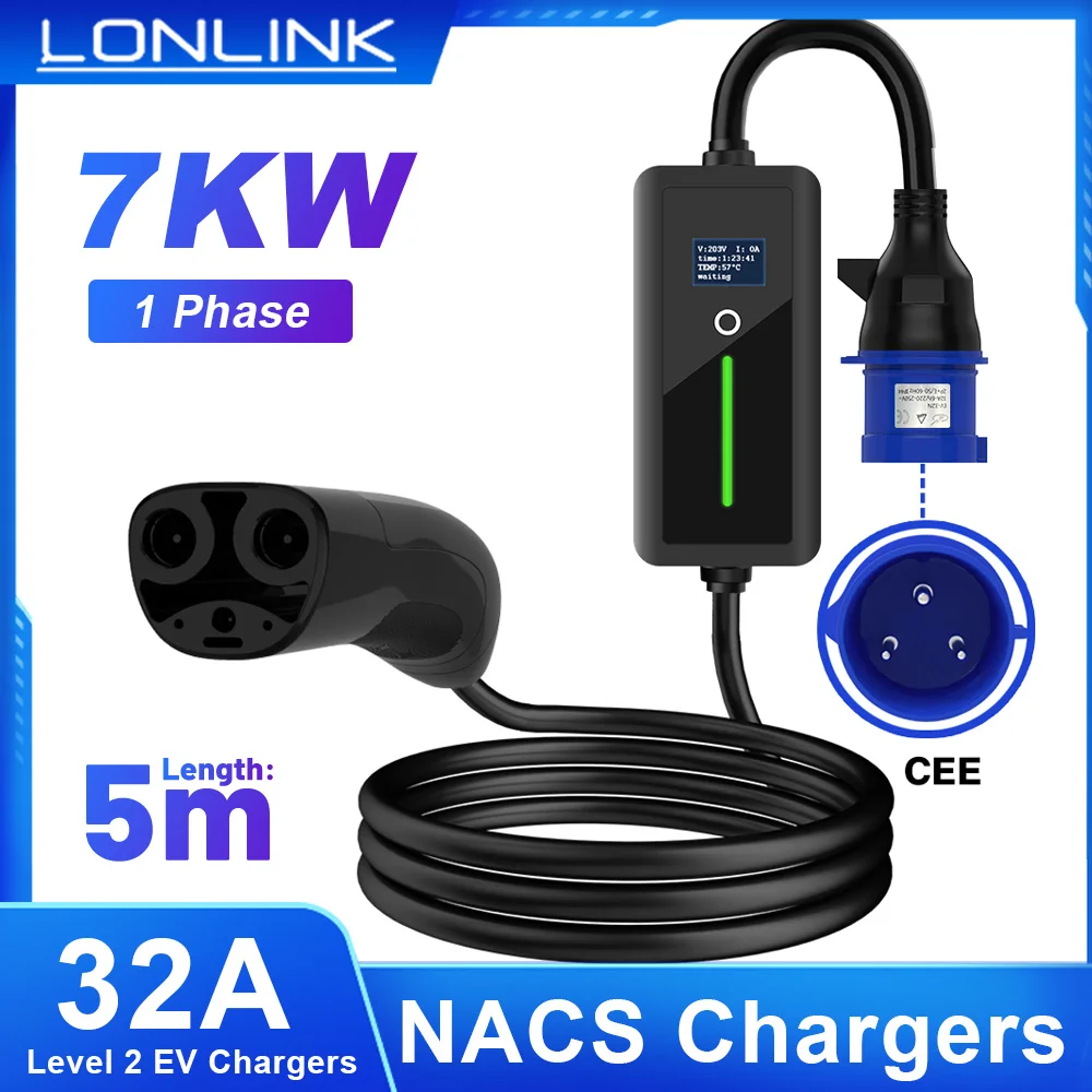 LONLINK Fit For Tesla EV Charger 32A 7KW Max with CEE Plug Compatible with Tesla EVs Fit For Tesla X/Y/3/S Charging