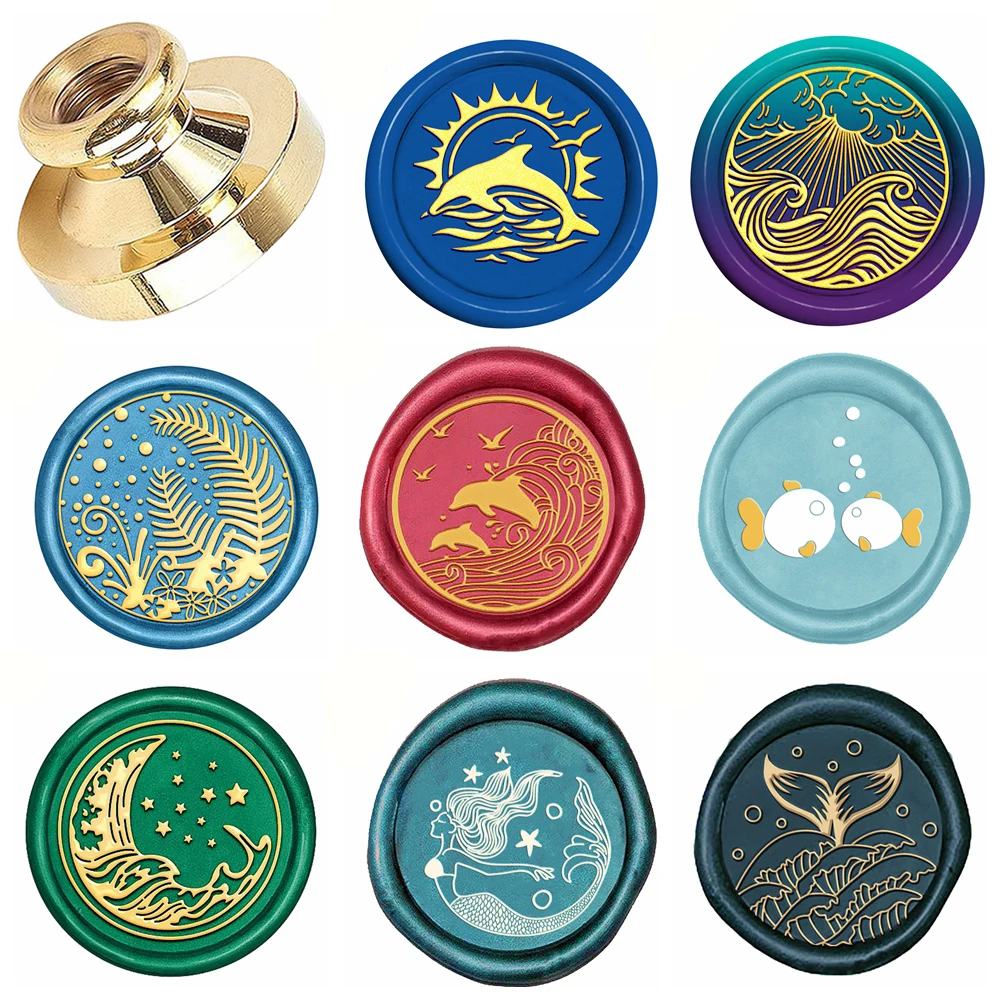 해양 생물 테마 왁스 도장 스탬프, 레트로 씰링 왁스 스탬프, 돌고래, 파도 패턴 탈착식 황동 헤드, 봉투 카드 패키지용