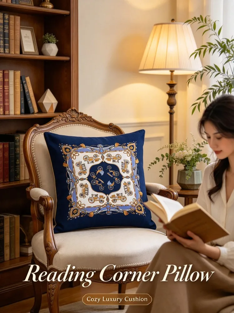 VIKAMA New Blue Gold Pillow Cover Luxury Carriage Pattern Soft Cushion Case for Muslim Style Sofa Balcony Sunroom Bedroom Living