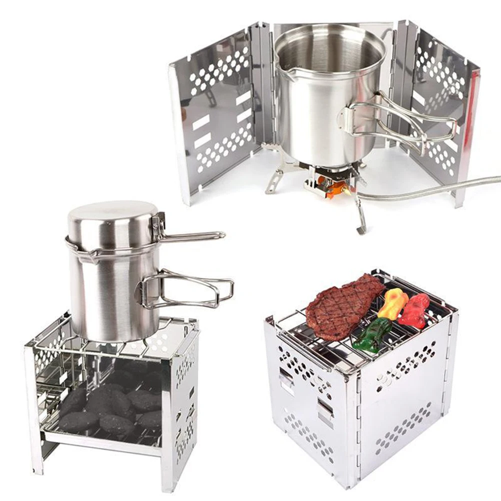 

Folding BBQ Grill Stainless Steel Square Wood Burning Stove Mini Collapsible Portable Outdoor Camping Cookware High Temp