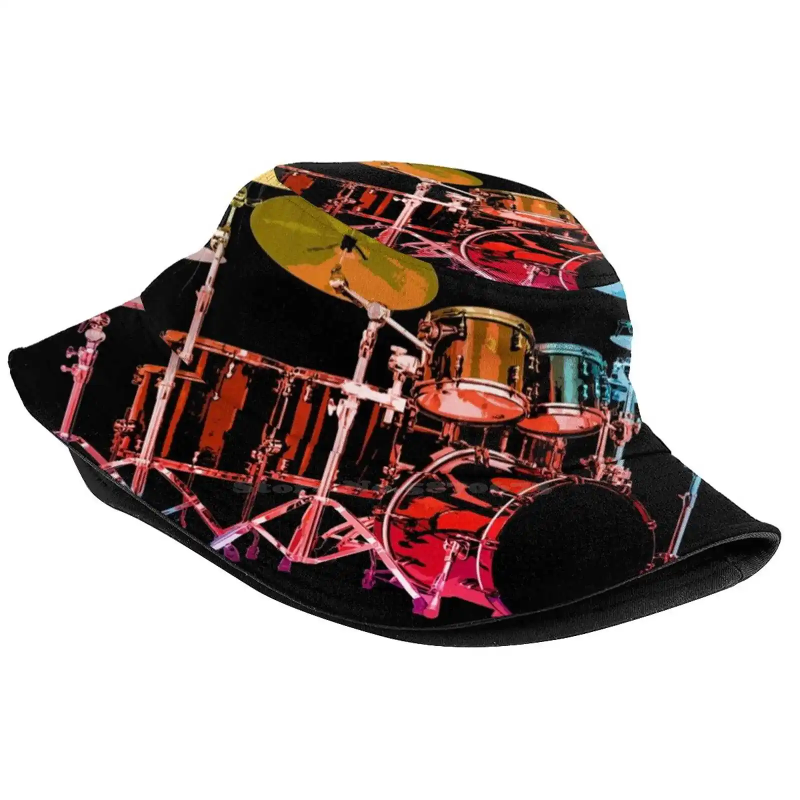 Drum Set (Bold Digital Colors) Sun Cap Fisherman Hat Bucket Hats Drum Set Drummer Drumming I Drum Drum Player Rainbow Drums