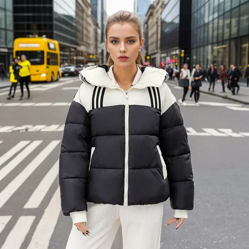 

2025 женская новая зимняя куртка, женская контрастная утепленная парка с капюшоном, топы, женская хлопковая куртка на молнии с высоким воротником, новинка 2023 года