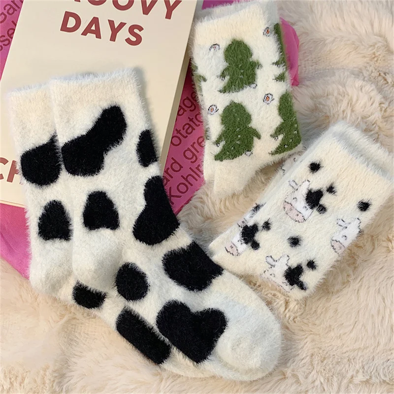 Winter Warm Coral Fleece Cute Cow Dinosaur Socks Women Plush Soft Floor Slippers Socks Female Fuzzy Fluffy Christmas Gifts