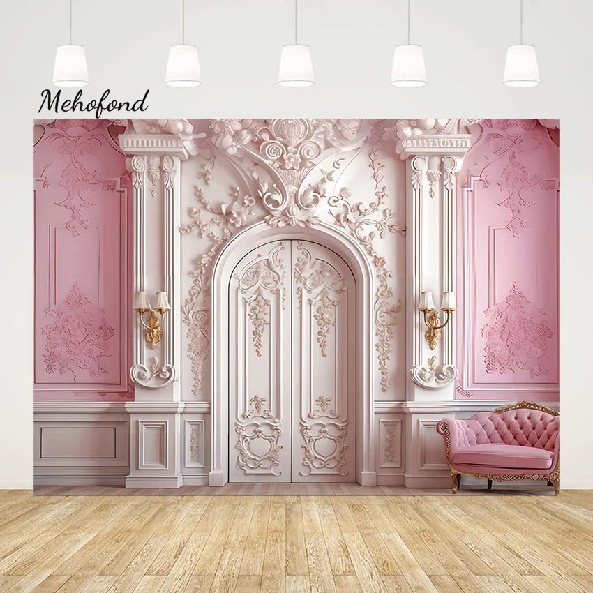 Mehofond Art Front Door Photography Background Princess Birthday Maternity Wedding Portrait Pink Flower Wall Backdrop Studio