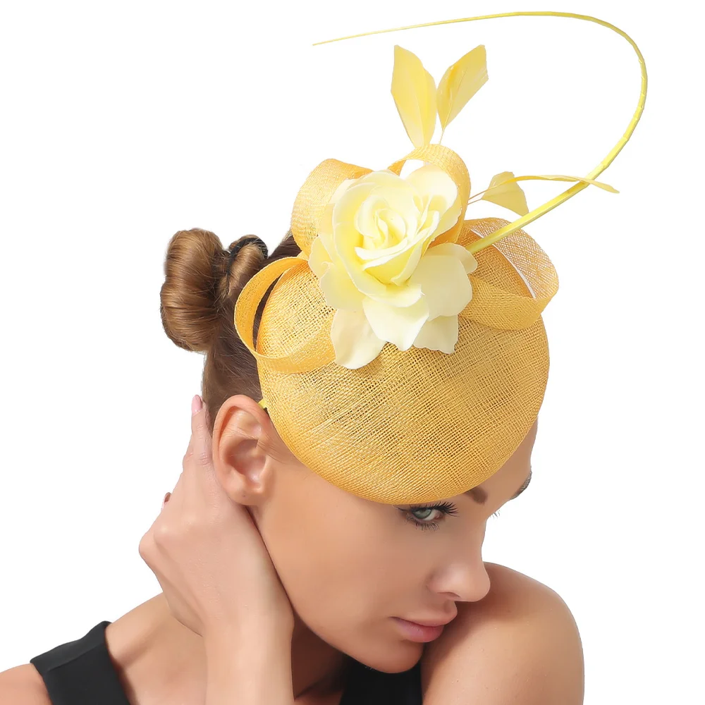 Women Yellow Elegant Wedding Fascinator Hats 4-Layer Sinamay Headpiece Millinery Headbands Bride Cocktail Race Hair Accessories