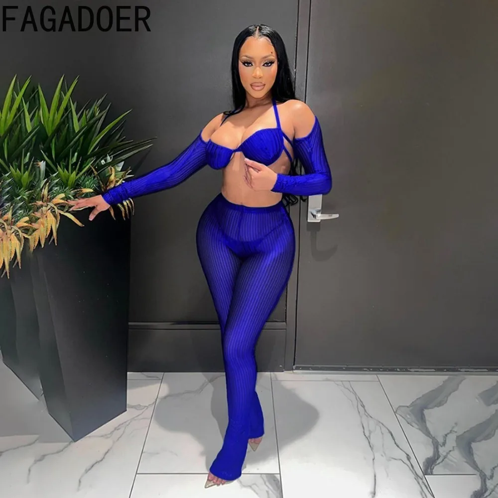 FAGADOER Sexy Solid Knitting Skinny Pants Two Piece Sets Women Low-cut Long Sleeve Crop Top Pants Outfits Female 2pcs Clothing