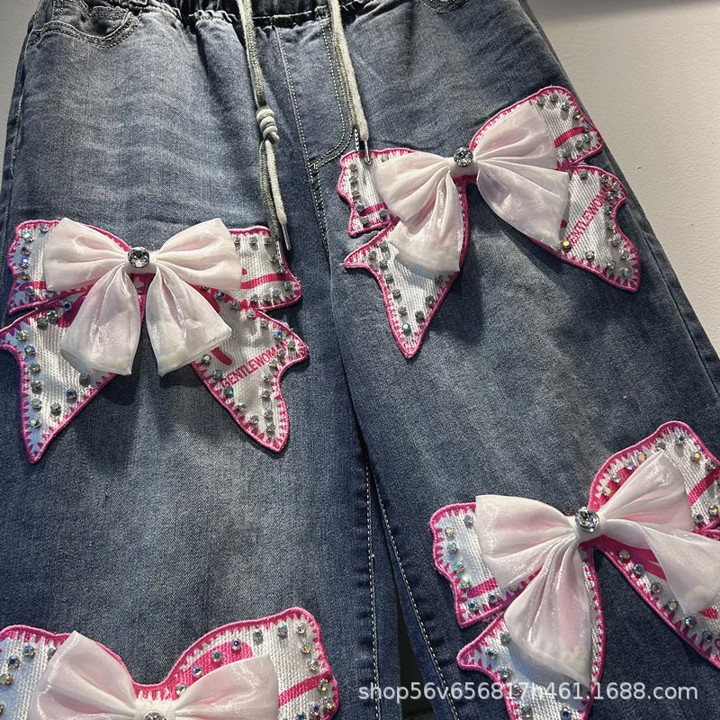 Trendy Three-dimensional Diamonds Bow Women Denim Trousers All-match Elastic Waist Wide Leg Jeans Wide Leg Casual Straight Pants