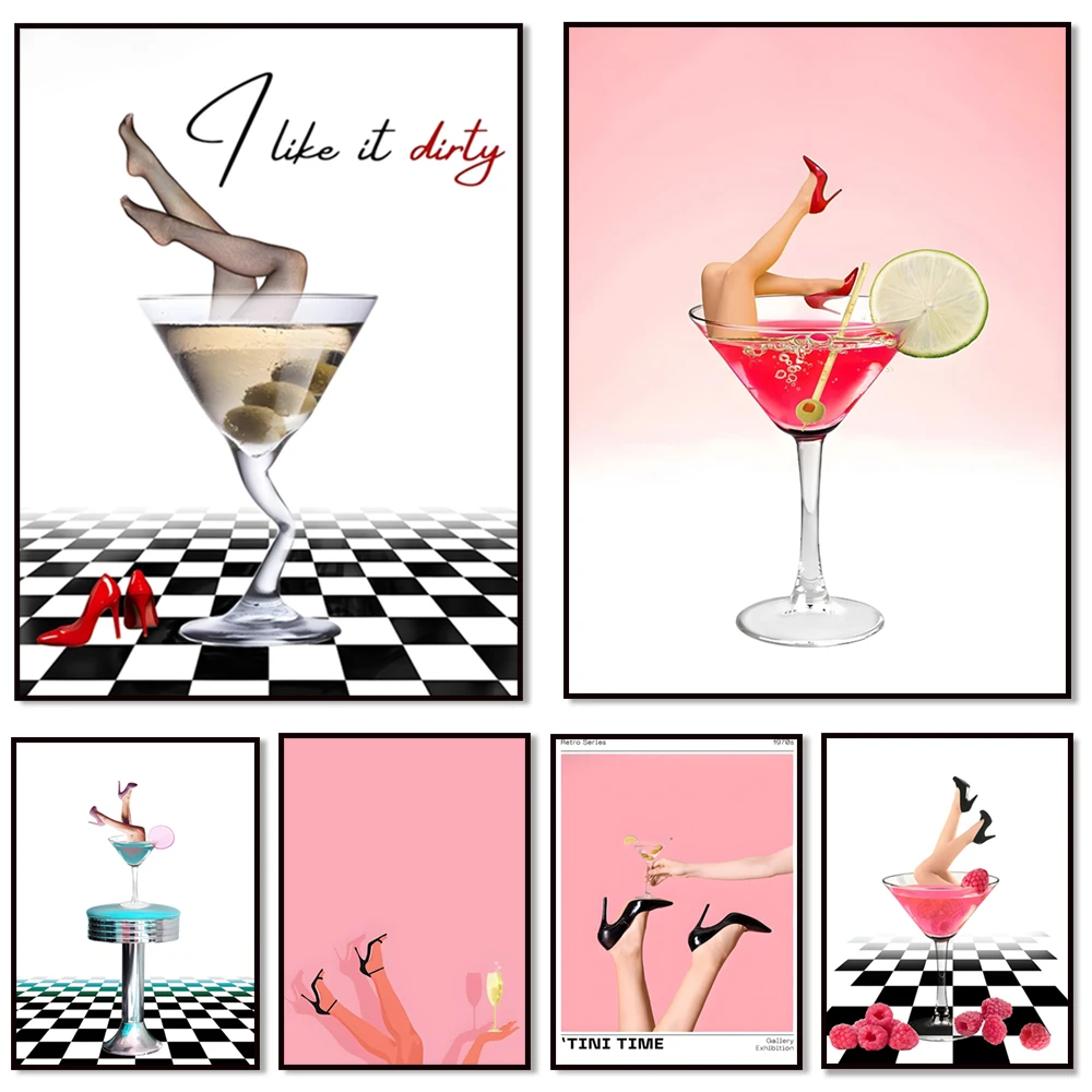 Arte de bikini con temática de Martini y fresas, arte de piernas con copas de champán, arte de piernas con salpicaduras de cóctel, arte de piernas con tacones altos, póster de arte de moda de bar