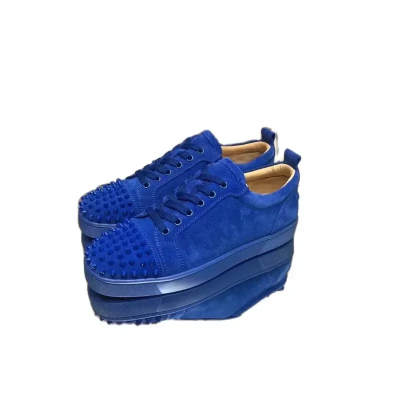 Low Cut Red Bottom Shoes for Men Luxury High Quality Trainers Male Driving Spiked Bar Rivets Toecap Blue Suede Genuine Leather