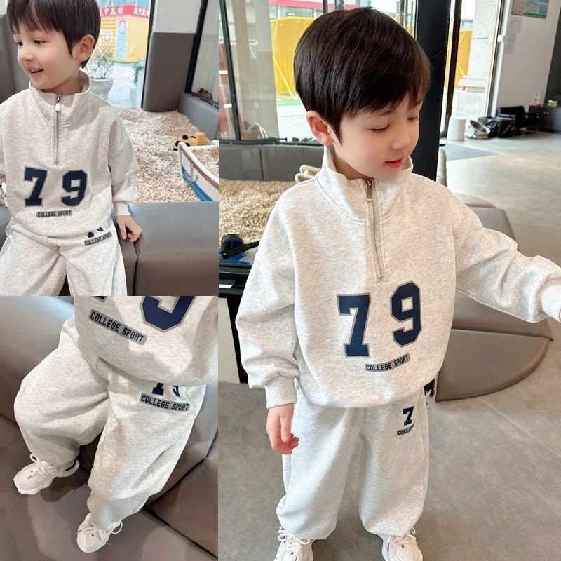 Boy White Grey Stand Collar Letter Sets Loose Casual Cotton Sports Suit Spring Autumn Children's Fashion Tops+Pants 2pcs  789