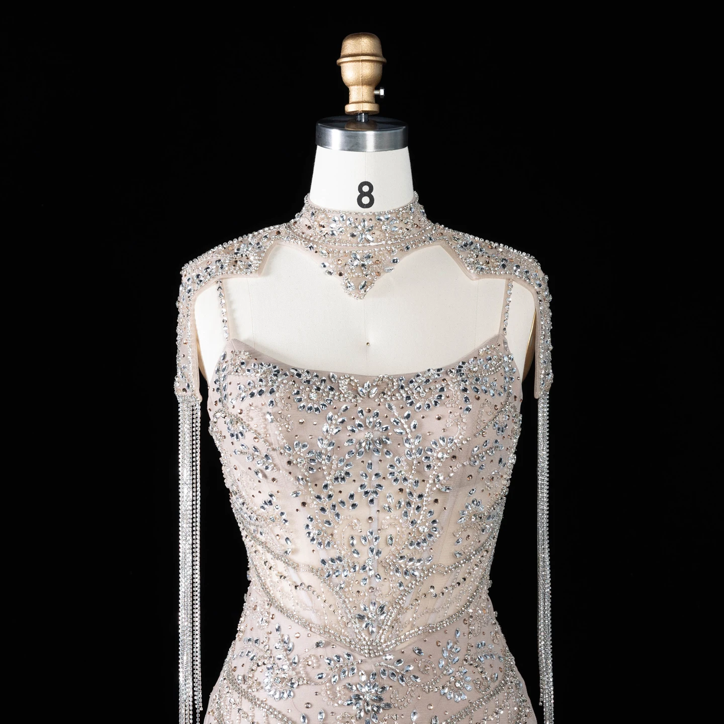 Sharon Said Luxuriöses Champagner-Abendkleid mit hohem Kragen, Spaghettiträgern, Quastenumhang, Meerjungfrauen-Schnitt, für formelle Anlässe, Partykleid SS182, maßgeschneidert – Detail 5