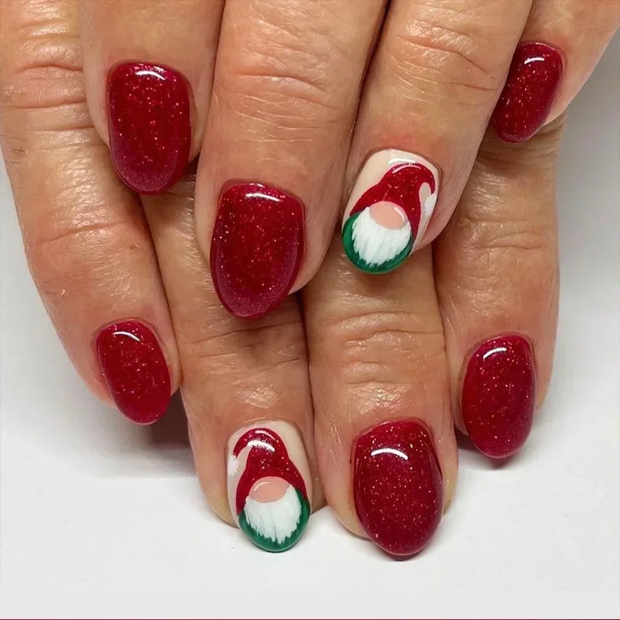 24 pçs curto oval imprensa em unhas chapéu de natal papai noel vermelho e branco combinando unhas falsas pó solto usar unhas para mulher e menina