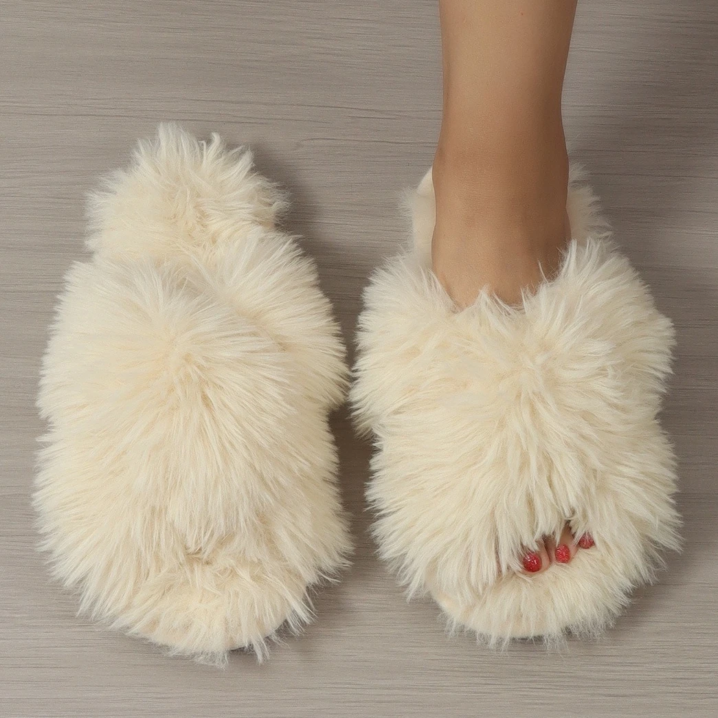 Luxury Women Fashion Home Slippers 2025 New Female Flip Flops Fluffy Shoes Cross Design Slides Ladies Soft Warm Plush Slipper