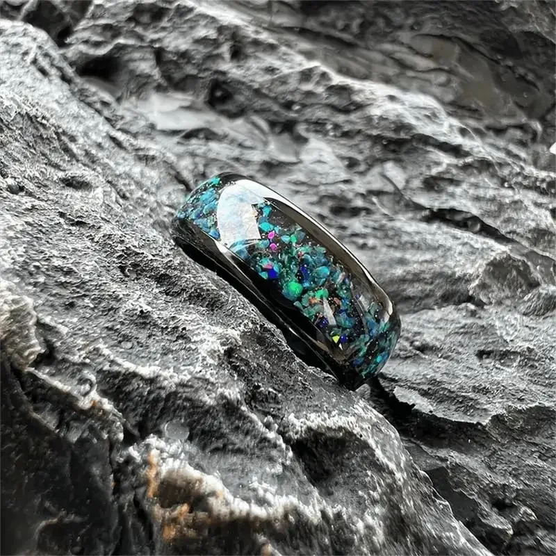 Anillo de ópalo de galaxia brillante de moda de 8 mm, adecuado tanto para hombres como para mujeres, pulido de cúpula de aleación de tungsteno cómodo