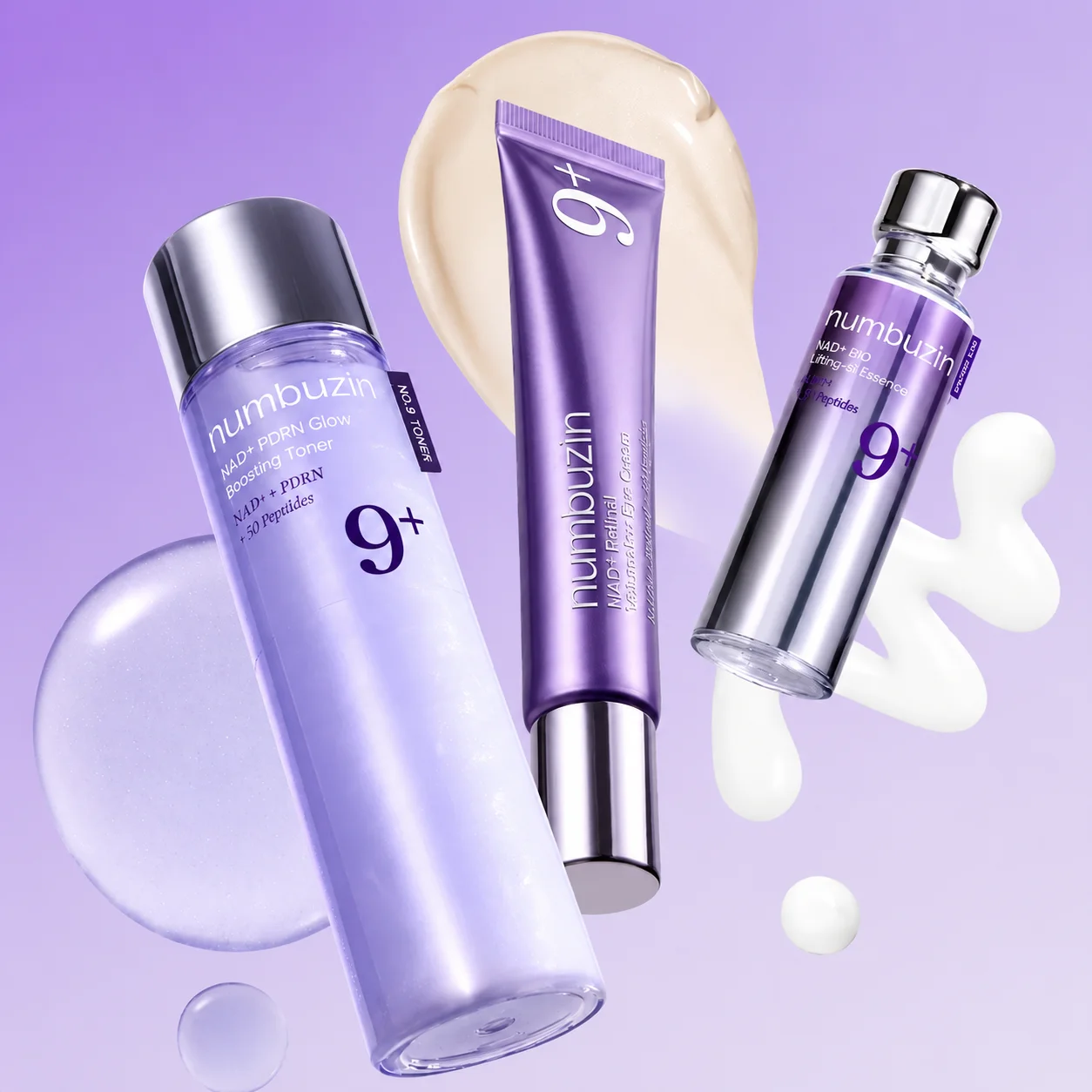 Numbuzin No.9 Advanced NAD+ Skincare Set - PDRN Toner, BIO Essence & Retinal Eye Cream for Day and Night Glow-boosted Care