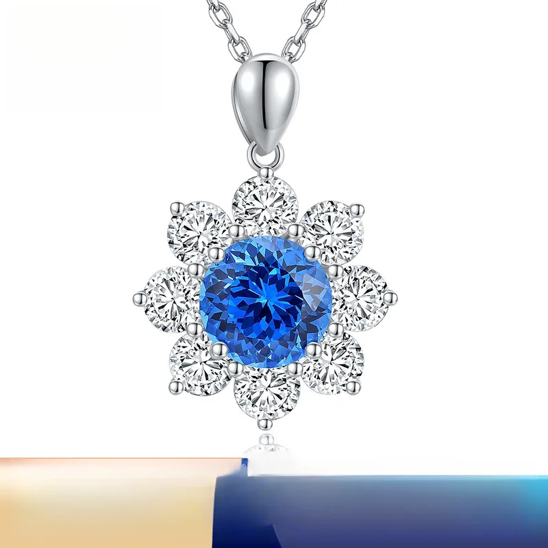 Classic Sunflower Design Lab Grown Emerald Green Color 8MM Round Gemstone Silver Pendant Necklace For Christmas Gift