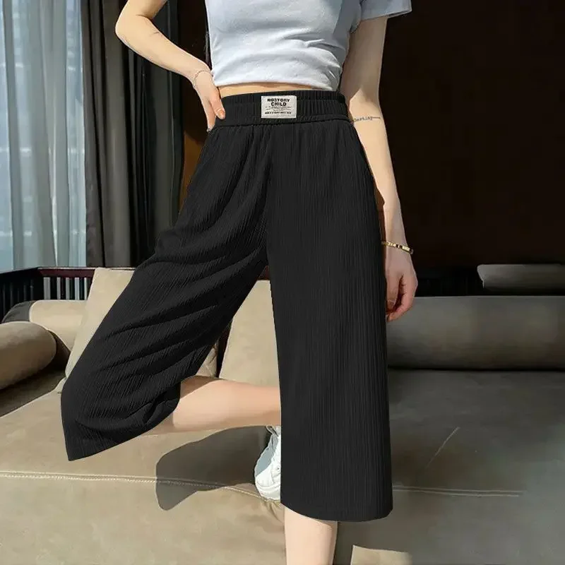 طيات الكورية السراويل واسعة الساق الصيف رقيقة بلون عالية الخصر مرونة الملابس النسائية كل مباراة مستقيم فضفاض السراويل الجديدة