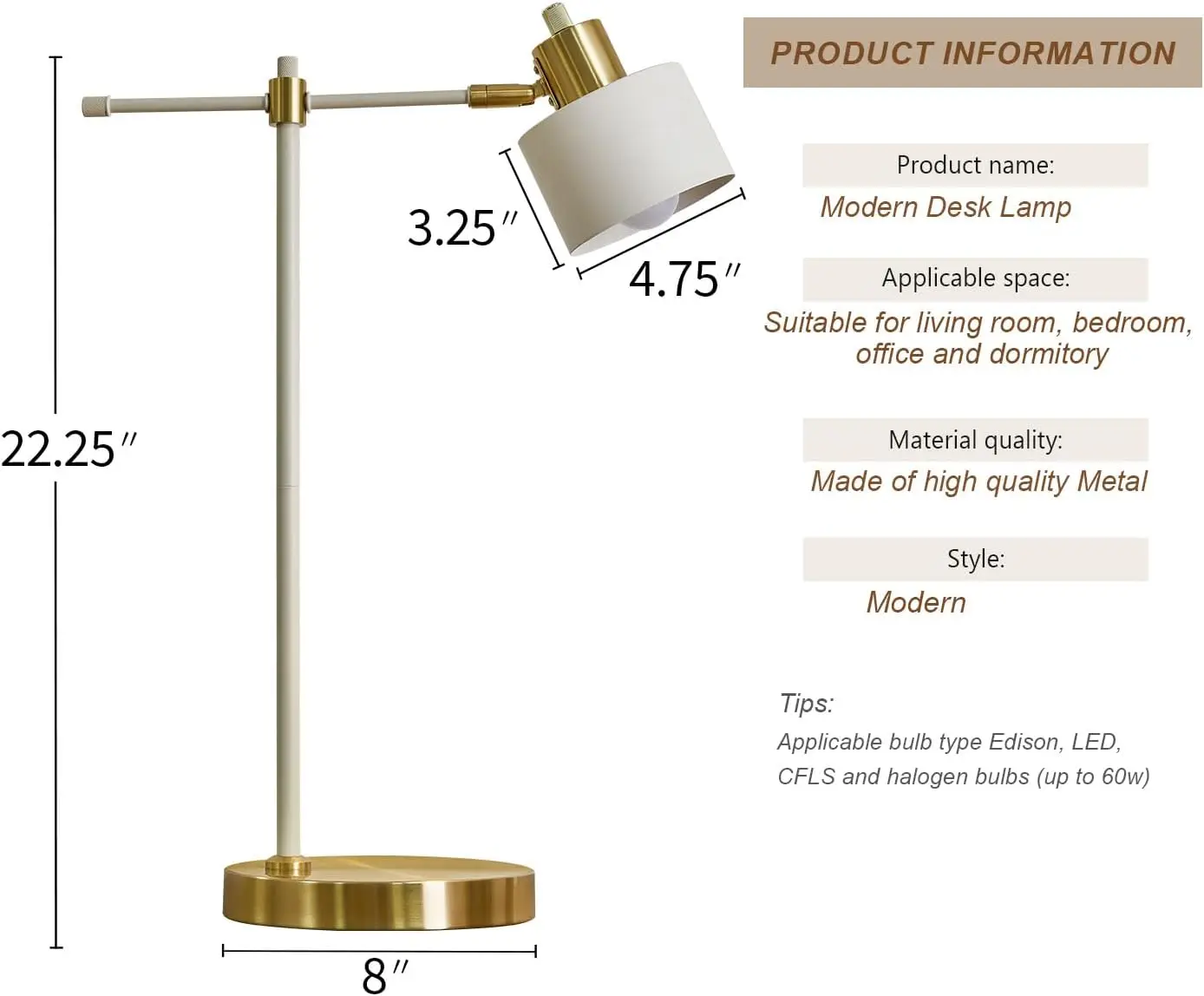 Oyears Modern Industrial Desk Lamp For Reading Led 22.2“ Metal Table Lamp Light For Office Bedroom Study Room Living Room