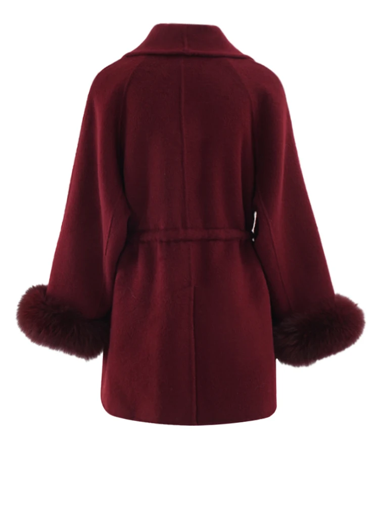 [EAM] Wine Red Cuff Fur Belted Big Size Woolen Coat New Lapel Long Sleeve Women Jacket Fashion Tide Autumn Winter 2024 CPG2463