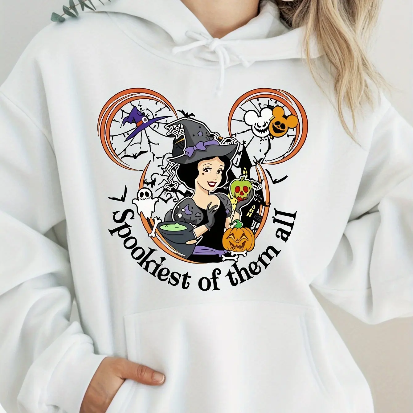 Moletom feminino de algodão branco de neve da Disney com estampa de abóbora de bruxa de Halloween do Mickey Mouse, confortável, respirável, casual