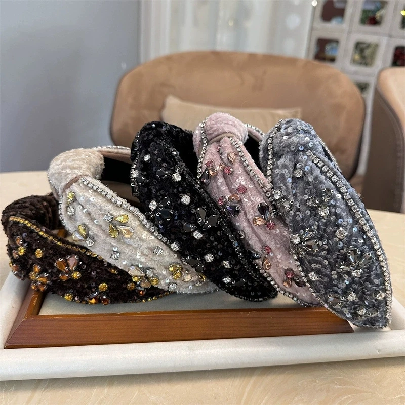 

Модная повязка для волос с узлом в стиле барокко, женский черный, розовый, серый головной убор, блестящие блестки, универсальный аксессуар для волос в корейском стиле