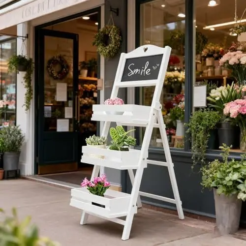3-Tier Plant Stand, Wooden Plants Ladder Shelf Small Flower Pot Holder Display Storage Rack with Chalkboard for Garden