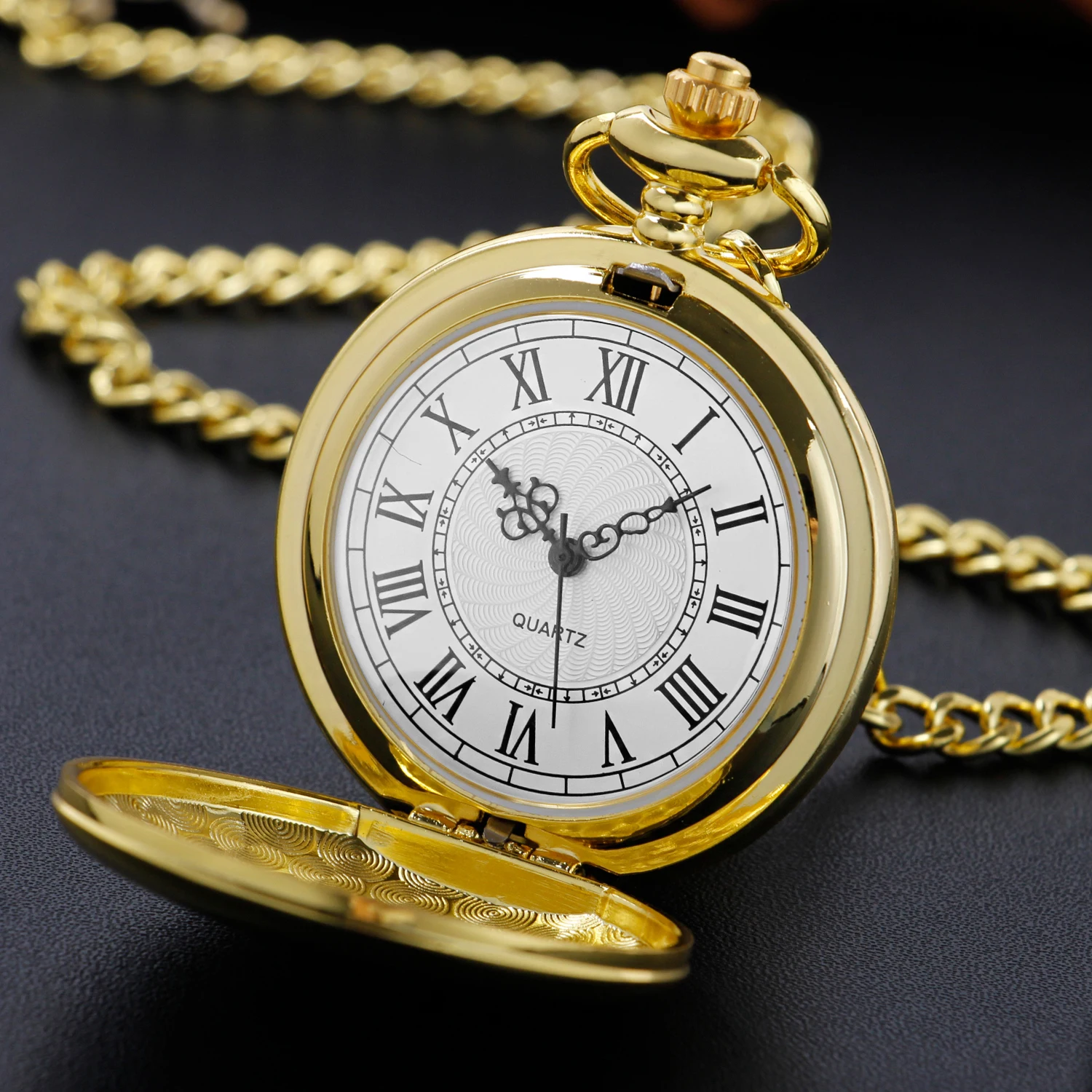 Lujoso colgante de dos caras, reloj de bolsillo de cuarzo con estuche reflectante dorado, reloj Digital romano Vintage, recuerdo para hombres y mujeres