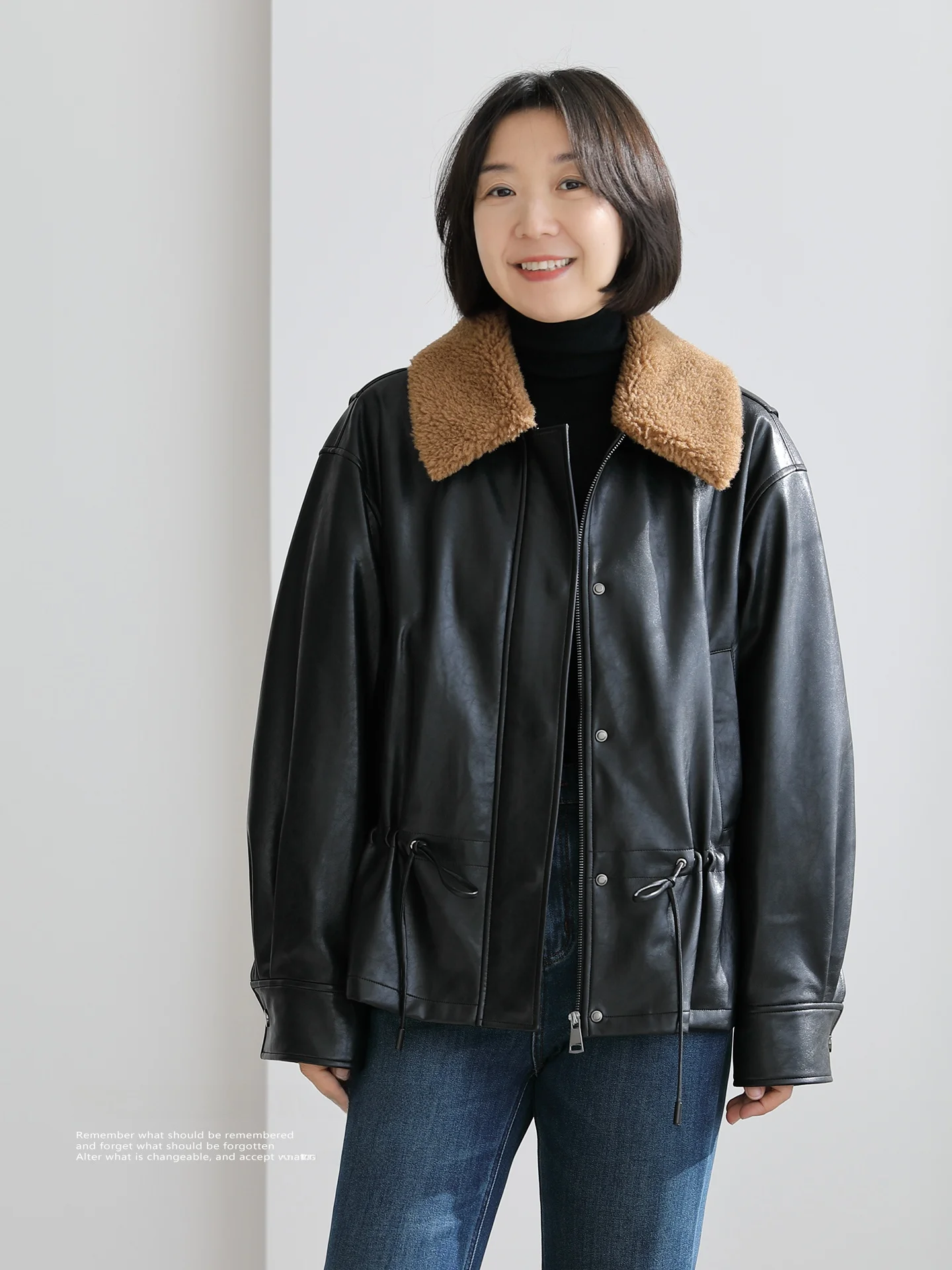 

Retro Bla PU Leather Jaet with Fur Collar Tee-Inch Time 4824 Workwear Sle Cotton Insert Coat Loose Fit Long Sve