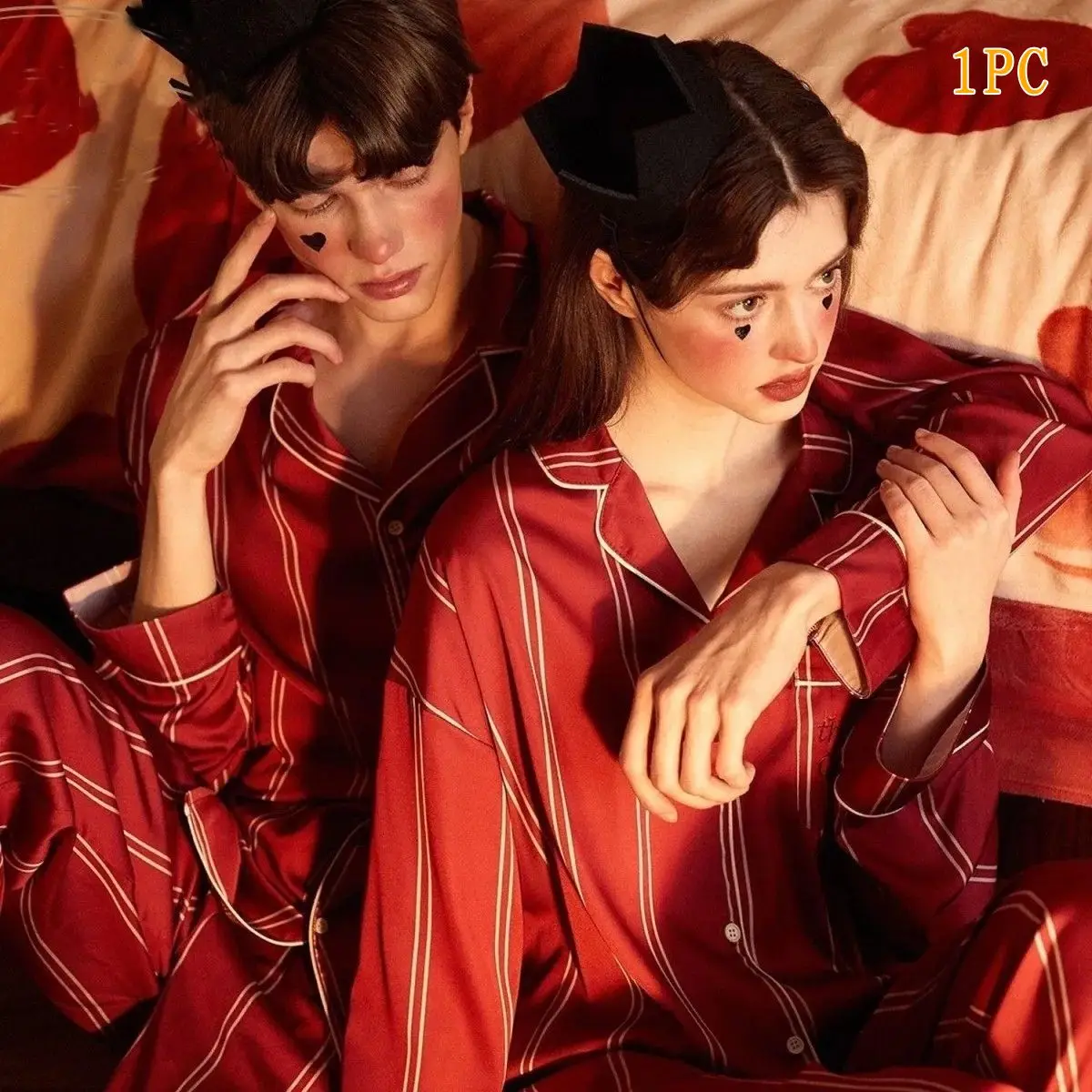 2024 Spring New Silk Stain Couple Pajamas Set Red Striped Long Sleeves Pants Two Pieces Home Clothing Men Women Wedding Nighties