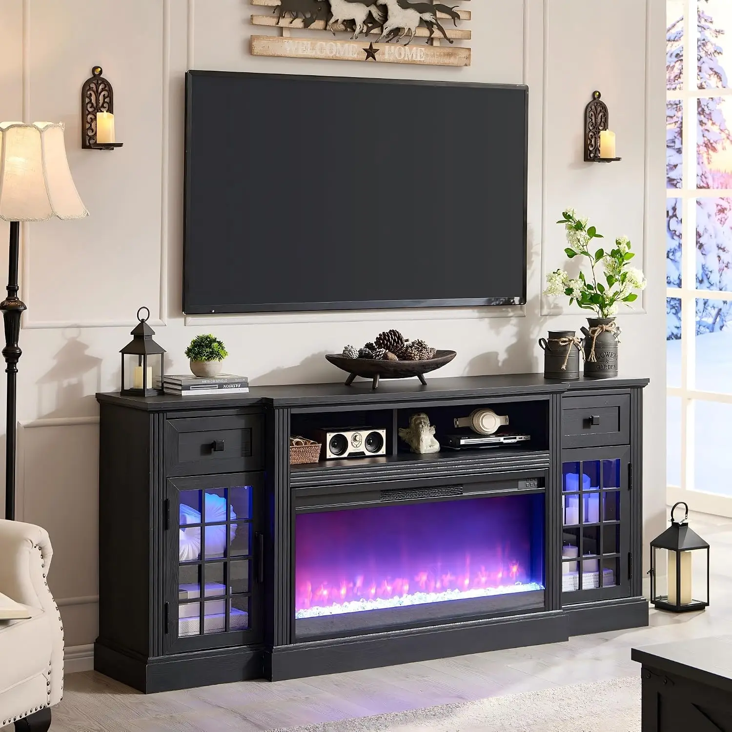Fireplace TV Stand for 80 Inch TV, Farmhouse Highboy Entertainment Center w/LED Lights & 36
