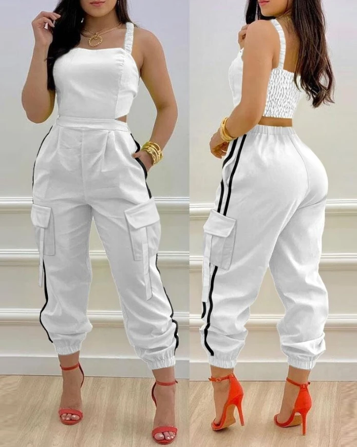 

Women's Jumpsuits New Fashion Daily Contrast Paneled Square Neck Sleeveless Jumpsuit Casual Shirred Pocket Design Cargo Romper