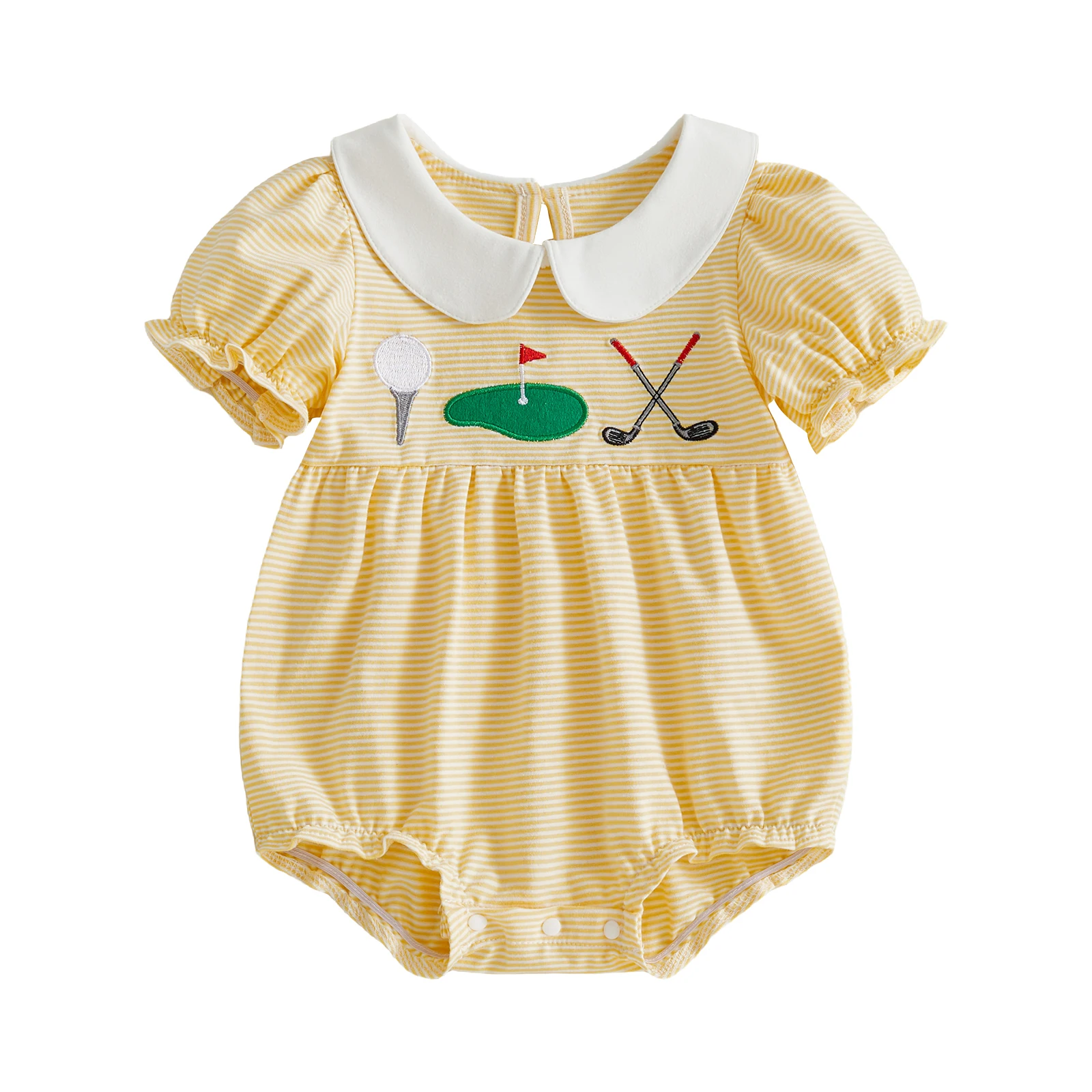 

Полосатые комбинезоны для девочек с вышивкой в ​​стиле гольф, воротником-куклой и короткими рукавами - очаровательные комбинезоны для вашей малышки