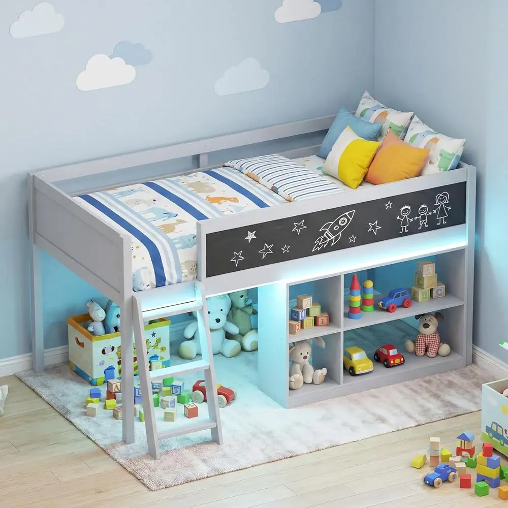 

Twin Size Low Loft Bed with LED Lights, Wooden Kids Bed with Ladder, Full-Length Guardrail, Movable Bookcase, and Play Space Und