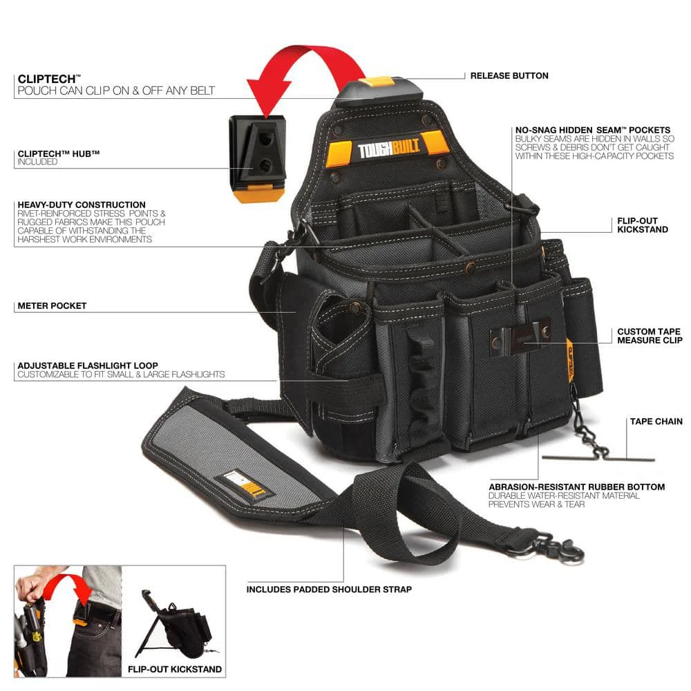 TOUGHBUILT TB-CT-104 Master Electrician's Pouch + Shoulder Strap Electrician's Waist Pack Organizer Bag Tool Accessories