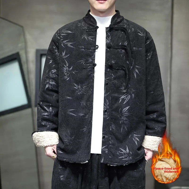 

Lamb Velvet Thiened Winter Cotton Jaet for Men Retro Button Chinese Sle Warm Casual Long Coat with Inner Fce