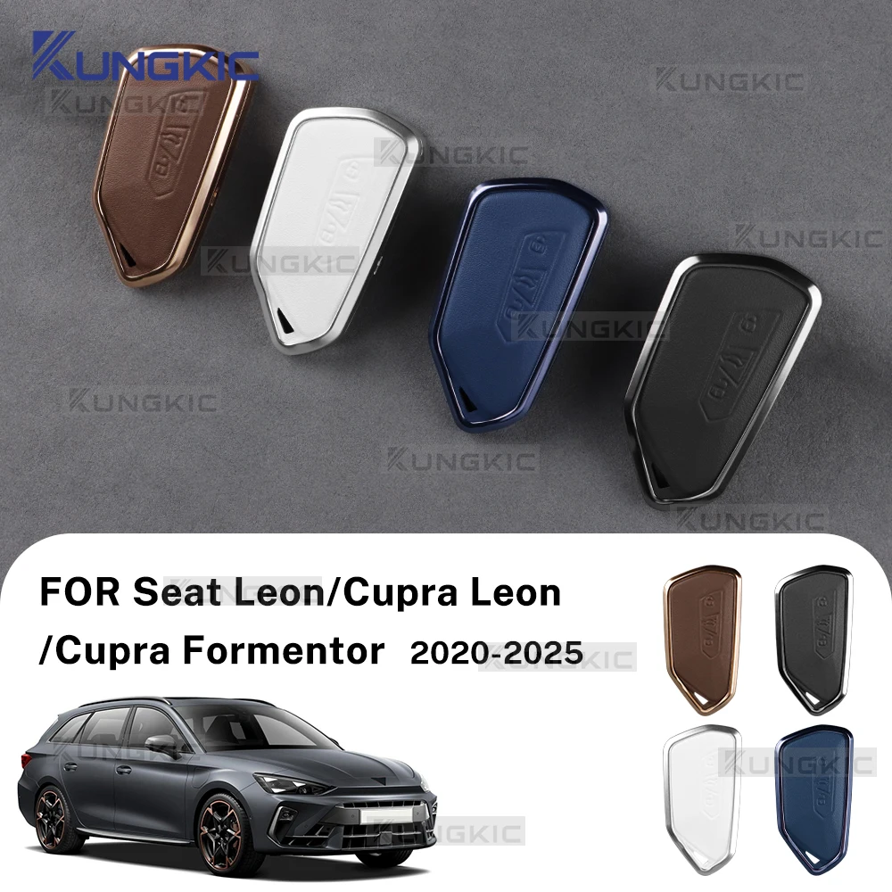 

For Seat Leon MK4/Cupra Leon/Cupra Formentor 2020 2021 2022 2023-2025 Metal Leather Car Remote Key Case Cover Shell Keychain