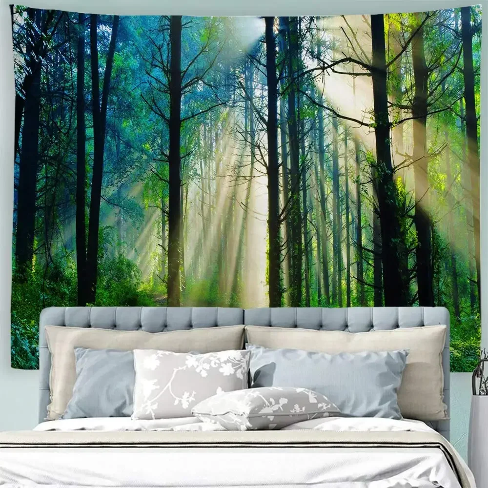 Morning Forest Tapestry Home Decor Landscape Tapestry Living Room Bedroom Dorm Decoration Nature Green Fresh Woodland Tapestry