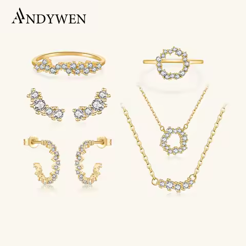 ANDYWEN 925 Sterling Silver Gold Angelique Sparkle Tutti Frutti Rainbow CZ Zircon Guadaloupe Ring Earring Necklace Jewelry Set